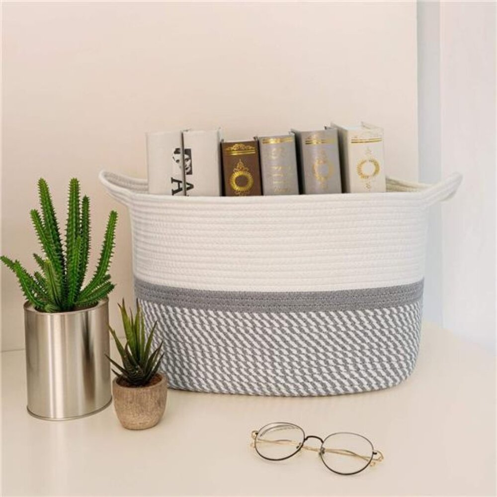 Square Cotton Rope Woven Basket with Handles For Books, Magazines, Toys Basket - Picture 2 of 8